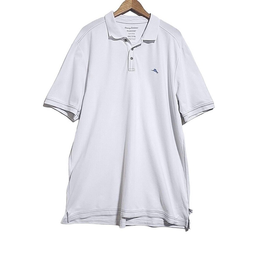 Tommy Bahama Island Zone Mens 2XLT White Polo Shirt Supima Cotton Blue Marlin